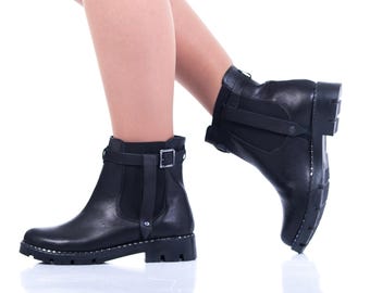 Black Leather Chelsea Boots: Handmade Buckle Ankle Boots