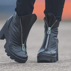 Black Leather Ankle Boots: Chunky Heel, Front Zipper