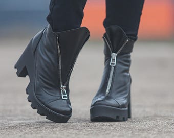 Black Leather Ankle Boots: Chunky Heel, Front Zipper