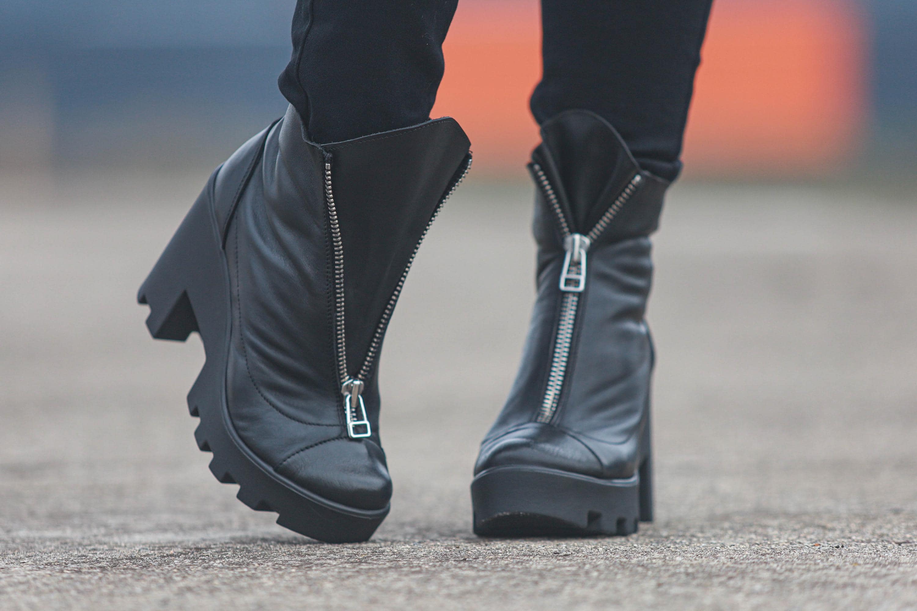 Black Boots シルバー　ウォレットチェーン　ブラックブーツ Black Leather Ankle Boots: Chunky Heel, Front Zipper - Etsy