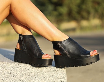 Black Leather Platform Booties: Women's Summer Sandals