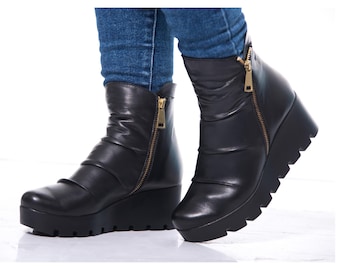 Black Leather Wedge Ankle Boots: Gold Zipper Platform, Handmade