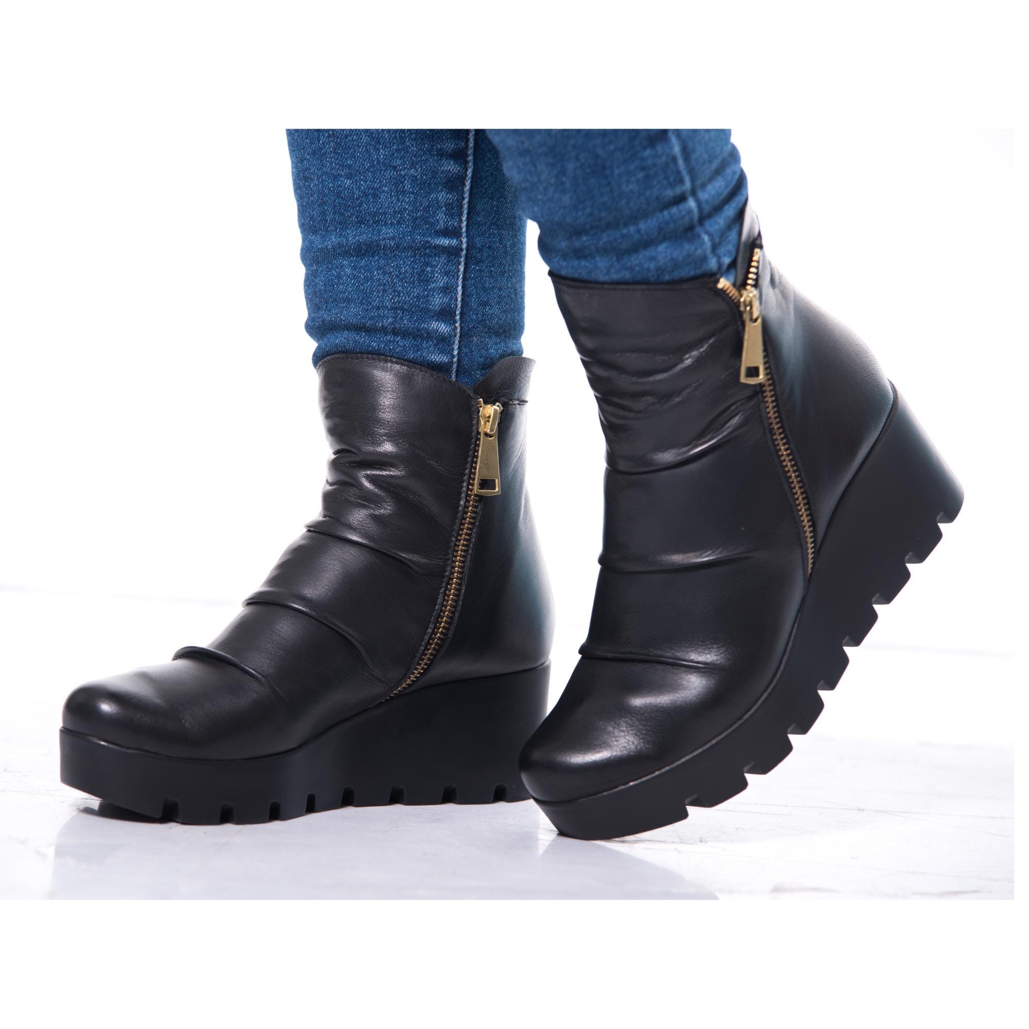 Black Leather Wedge Ankle Boots: Gold Zipper Platform