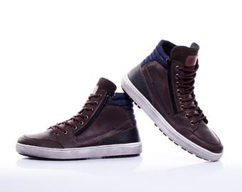Handmade Leather High Top Sneakers: Men's Dark Chestnut Double Zipper Boots