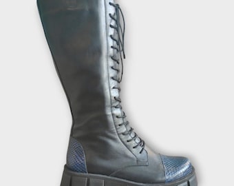 Genuine Leather Knee-High Platform Boots: Cuban-Style Combat Boots