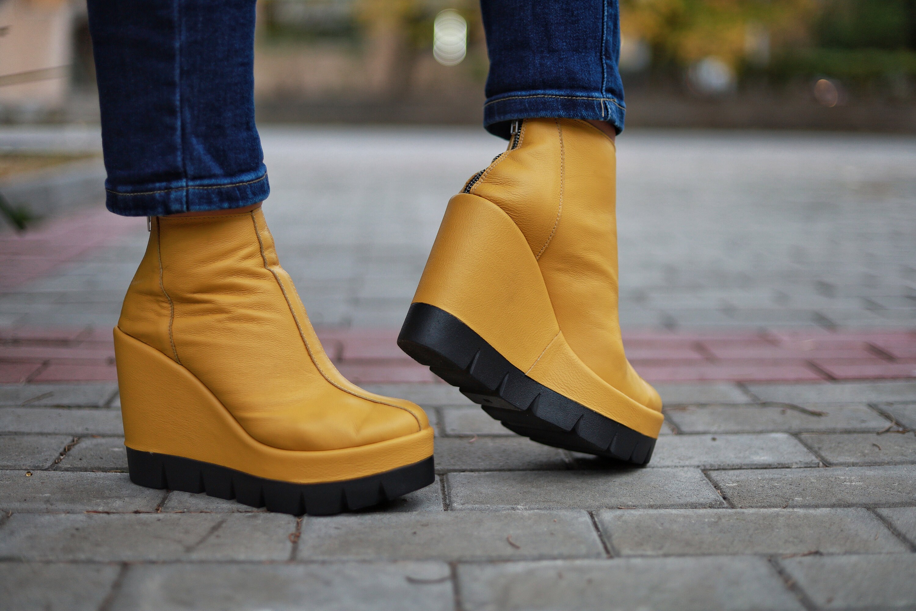 Yellow Leather Platform Ankle Boots: Women's Winter Shoes - Etsy