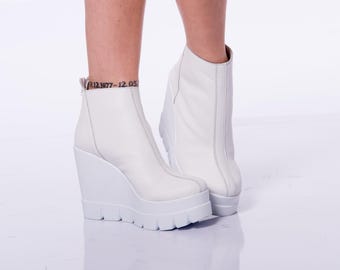 Handmade White Leather Wedge Ankle Boots: Chunky Platform Shoes