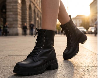 Black Leather Combat Boots Handmade Lace Up Ankle Boots