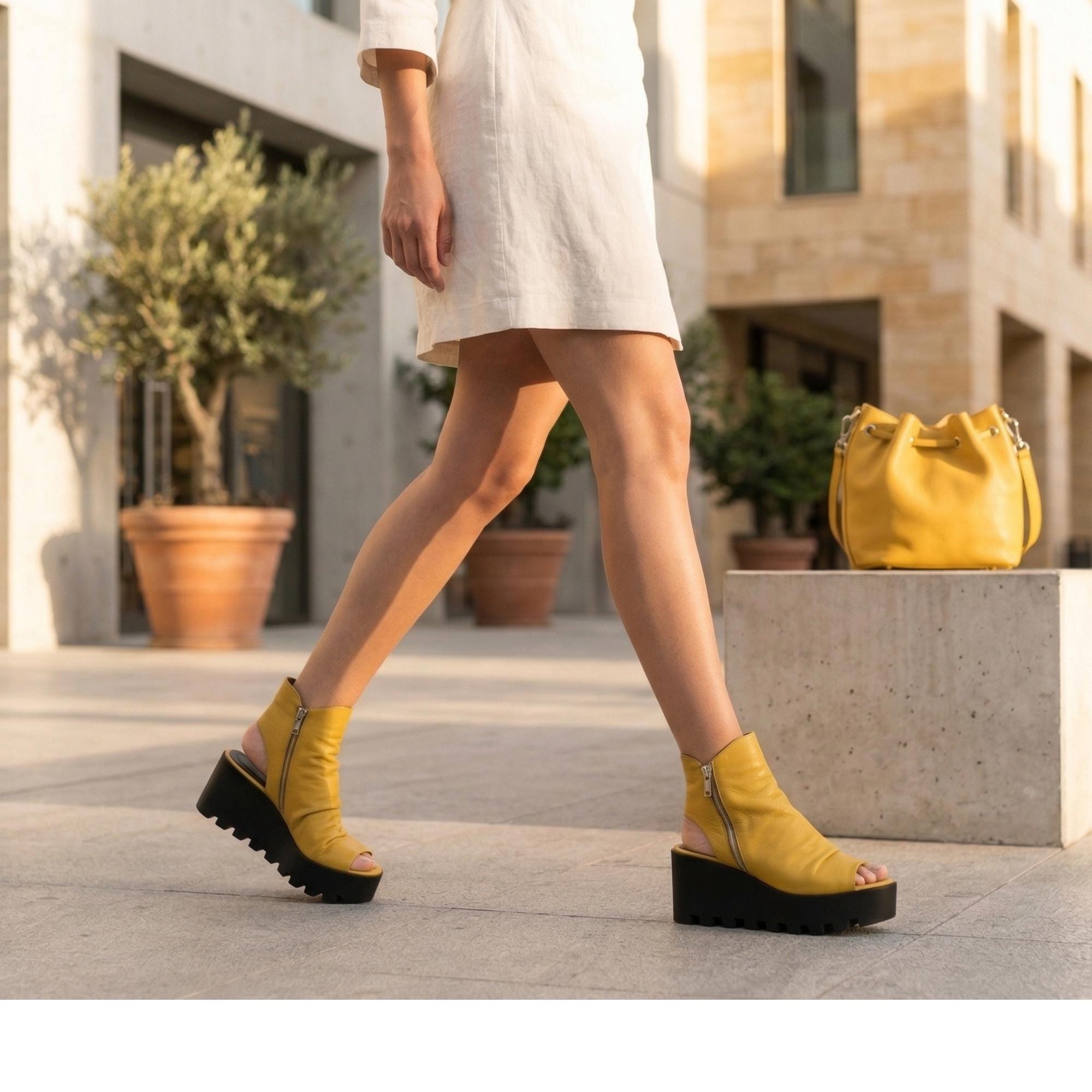 Yellow Leather Wedge Sandals: Handmade Peep Toe Platform Boots - Etsy