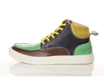 Men's Handmade Leather High-Top Sneakers: Color Block Streetwear
