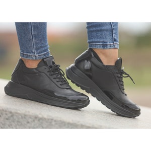 Comfortable Casual Shoes, Extravagant Black Leather Sneakers, Black Genuine Leather Sneakers, Genuine Women Sneakers, Black Leather Sneakers