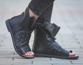 Schwarze Leder Gladiator Sandalen: Offene Zehen Sommer Ankle Boots