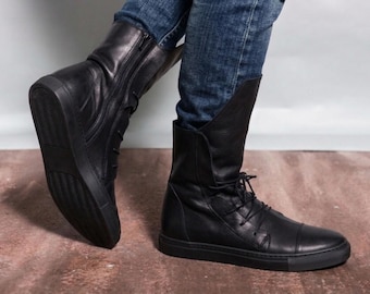 Handmade Black Leather High-Top Boots with Side Zipper – Urban Casual Footwear