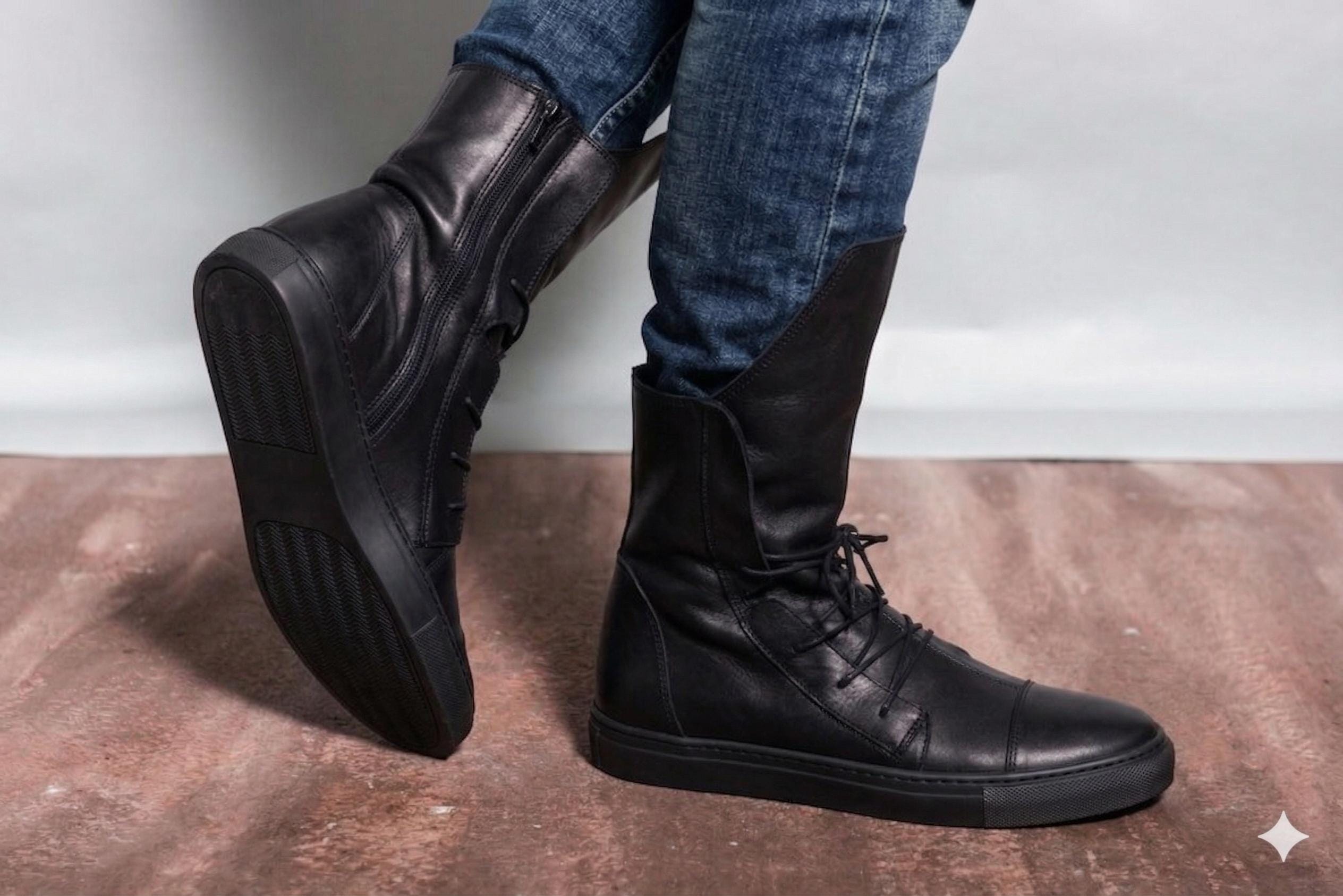 Black Leather Lace-Up Sneaker Boots with Side Zippers, Men's High Tops
