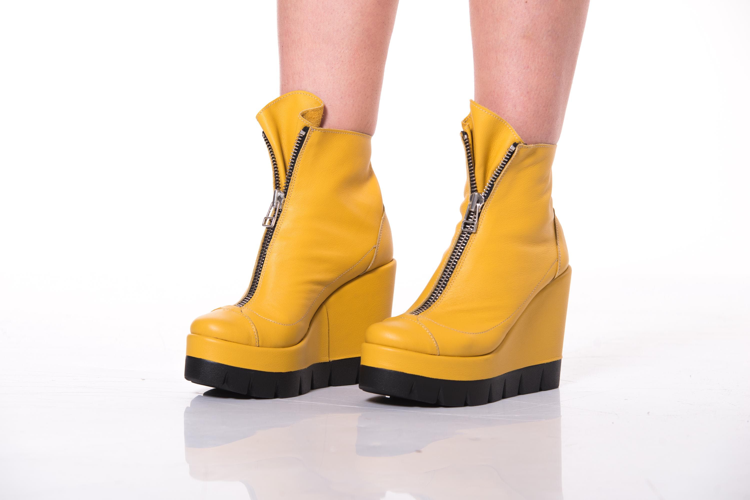 Yellow Leather Wedge Ankle Boots: Front Zipper Platform Shoes - Etsy