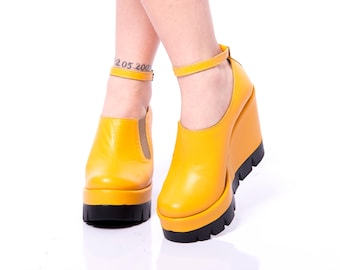 Handmade Yellow Leather Wedge Shoes: Chunky Platform Heels