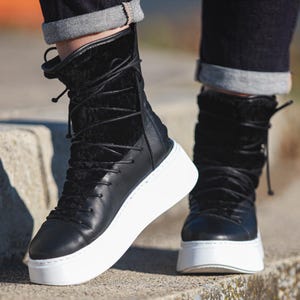 Black Gothic Sneakers, Black Genuine Leather Sneakers Boots, Extravagant Women Genuine Leather Sneakers,Platform Fashion Spring-Autumn Shoes