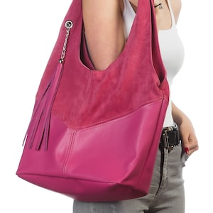 Pink Leather Hobo Bag with Tassel: Large Slouchy Shoulder Bag
