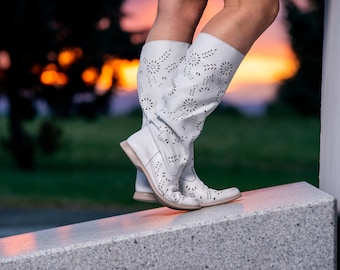 White Leather Summer Boots, Floral Perforated Western Style