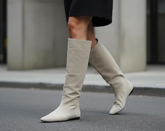 Handmade Slip-On Knee-Highs | Real Suede in Soft Beige