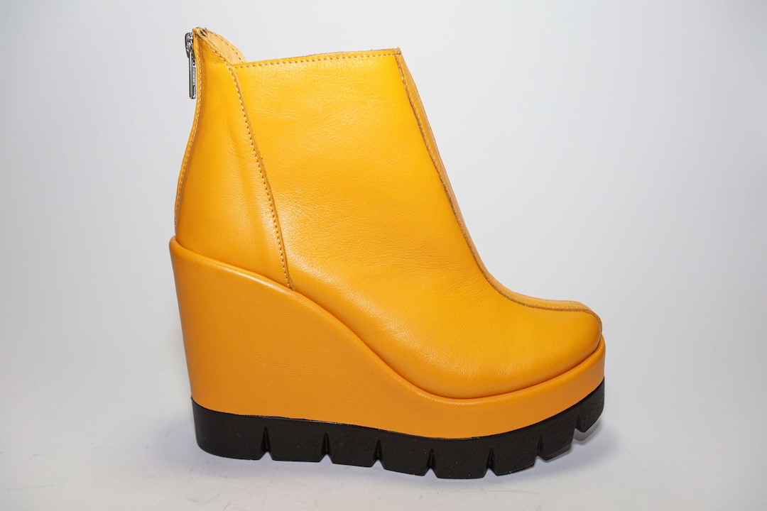 Handmade Yellow Leather Wedge Ankle Boots: Chunky Platform Shoes