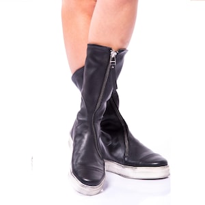 Handmade Black Leather High-Top Boots: Front Zipper, Distressed Sole