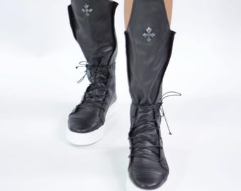 Handmade Black Leather High Top Sneaker Boots: Gothic Platform Shoes