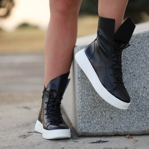 Black Genuine Leather Sneakers Boots, Extravagant Women Genuine Leather Sneakers, Platform Fashion Spring-Autumn Shoes,Black Gothic Sneakers