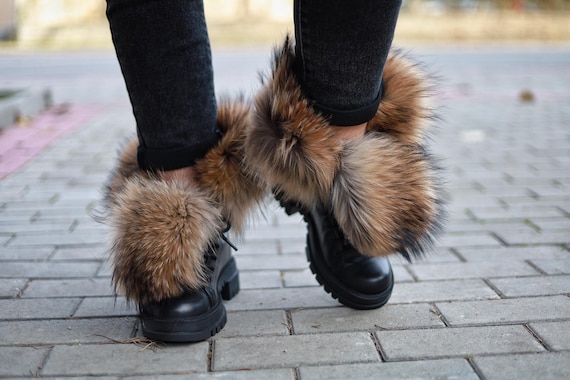 Leather Platform Winter Boots With Fox Fur Trim - Etsy display picture 2