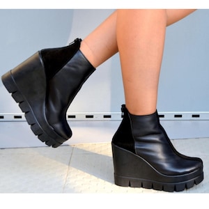 Rits winter grunge punk schoenen, zwarte winterlaarzen voor vrouwen, hoge leren schoenen met platform, elegante dames enkellaarzen echt leer