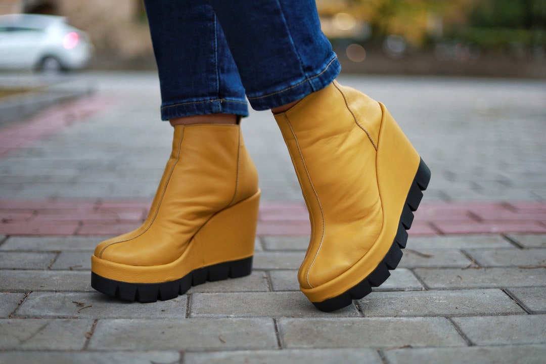 Yellow Leather Platform Ankle Boots: High Heel Fall Shoes - Etsy