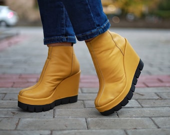 Yellow Leather Platform Ankle Boots: High Heel Fall Shoes - Etsy