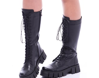 Chunky Platform Combat Boots for Women, Genuine Leather Cuban-Style Knee-High Boots , Chunky Platform Combat Boots with Side Zipper