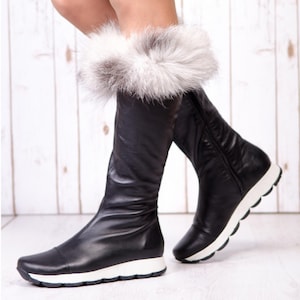 Genuine Leather Mid-Calf Boots: Silver Fox Fur Cuff Sneaker Boots
