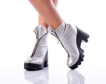 Silver Leather Platform Ankle Boots: Perforated Zipper Grunge Shoes