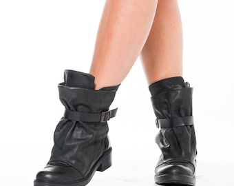 Handmade Women’s Leather Ankle Boots – Soft Slouchy Design with Buckle Straps – Black Casual Booties