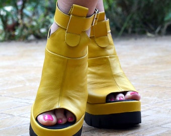 Handmade Yellow Leather Platform Wedge Sandals - Open Toe Summer