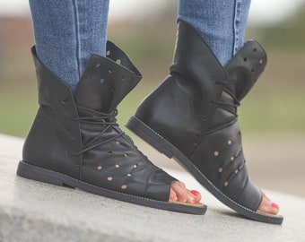 Schwarze Leder Gladiator Sandalen: Offene Zehen Sommer Ankle Boots