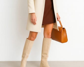 Beige Suede Knee High Boots, Italian Leather, Flat Sole