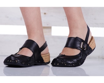 Handmade Women's Orthopedic Leather Sandals – Black Perforated Design, Adjustable Strap, Comfortable Supportive Sole