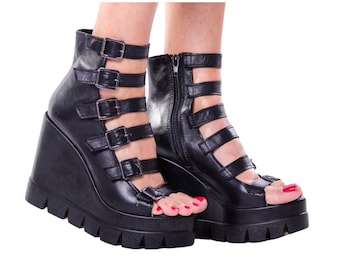Handmade Gladiator Leather Wedge Sandals: Gothic Platform Shoes, Sizes 10 & 11