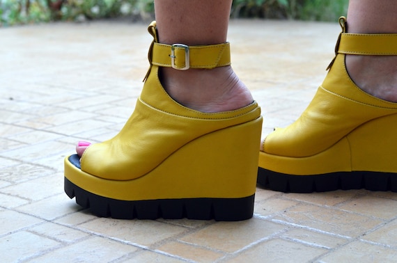 Handmade Yellow Leather Platform Wedge Sandals - Open Toe Summer