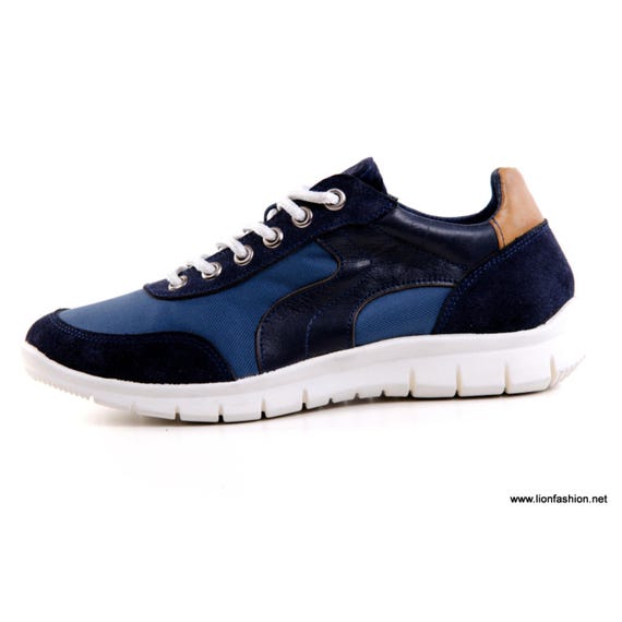 Handmade Blue Leather Sneakers: Men's High Top Sport Shoes