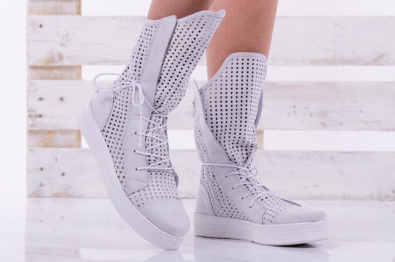 White Leather Ankle Sneakers: Breathable Platform Sport Shoes