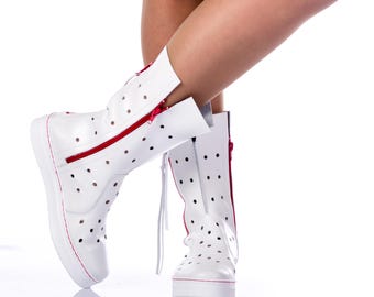 Handmade White Leather Mid-Calf Boots – Triple Red Zipper, Perforated Design, Lightweight Platform Sole