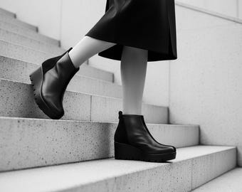 Black Leather Wedge Ankle Boots: Handmade Platform Shoes
