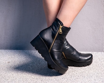 Genuine leather platform boots, Zipper leather winter shoes, Winter ankle boots, Extravagant grunge punk shoes, Leather boots for women