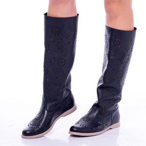 Handmade Laser Cut Leather Knee-High Boots: Perforated Boho Style
