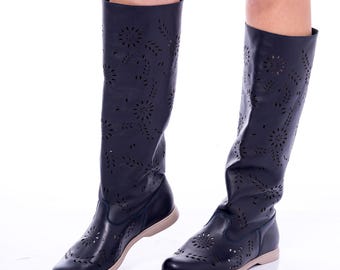Handmade Laser Cut Leather Knee-High Boots: Perforated Boho Style