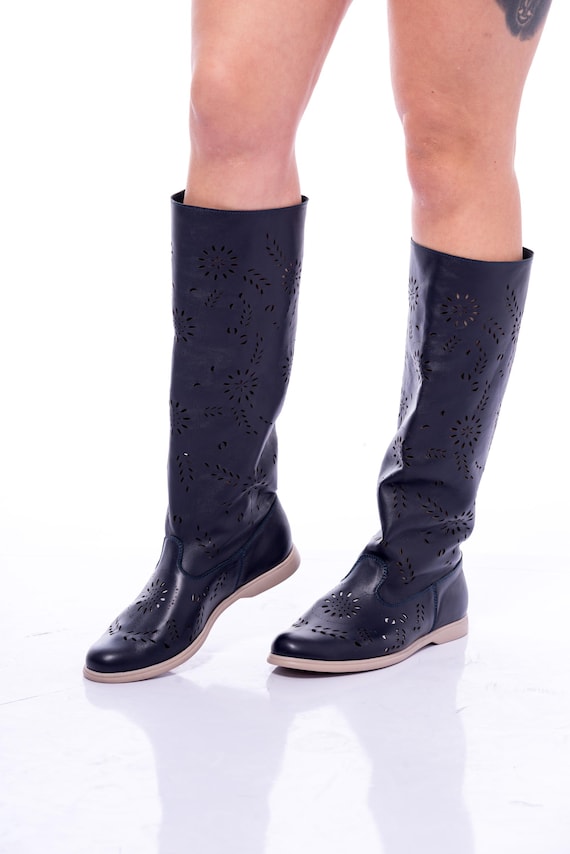 Handmade Laser Cut Leather Boots for Women, Perforated Knee